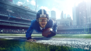 business man wearing an American footlball helmet diving and catching a ball in the endzone of a football stadium.