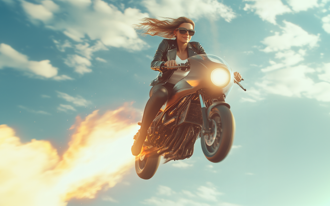 woman on motor bike flying through the air with jet fire streaming out of the back. She is exhilirated.