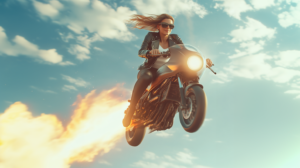 woman on motor bike flying through the air with jet fire streaming out of the back. She is exhilirated.