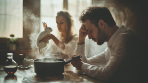 stressed business man sitting at a table while a woman representing his business "mistress" is about to boil a live white bunny rabbit.