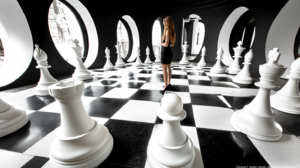 Woman on a chessboard surrounded by white pieces looking out through circular windows to an unclear sky.