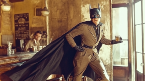 a business man wearing a bat man hood and cape walking away from a bar with a drink in his hand