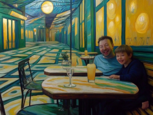 Van gogh painting of man and his son both chinese at an outdoor cafe with no one around.