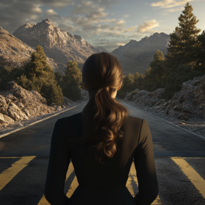 business woman standing on a mountain road looking ot the horizon