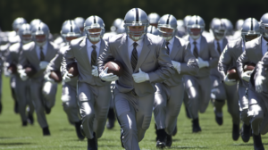 men in business suits wearing grey nfl football helmets and running in a field holding a ball