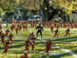 big model football player in black surrounded by little players in red running around him