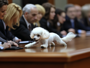 white bichon poode dog on top of a board table chasing her tail while surrounded by business people sitting around her.