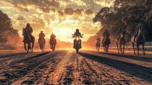 Motorcycle racer with a bunch of horses