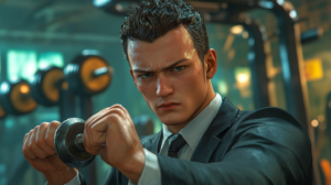 business man straining with a very small dumbell