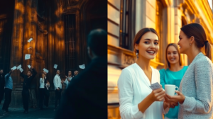 split screen.. a bunch of zombies throwing business card on left panel.. on right a sunny outdoor scene of 3 happy business women meeting each other