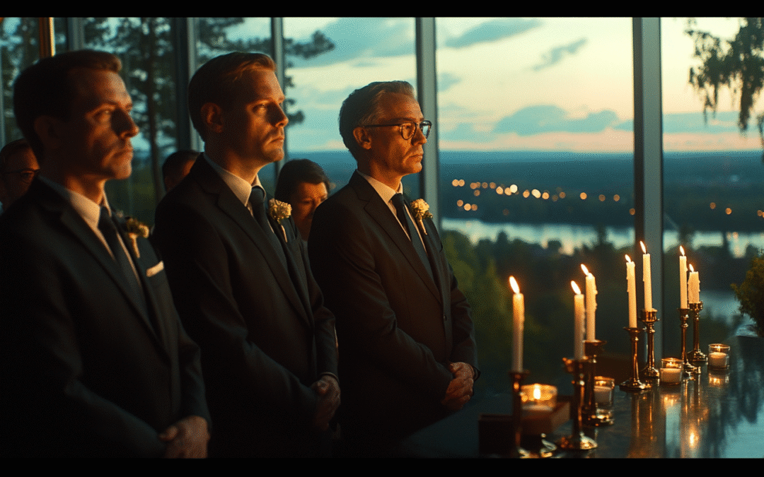 A group of business professionals in suits stand quietly in a dimly lit boardroom, each holding a lit candle. The scene evokes a candlelight service, with warm reflections bouncing off glass and steel. The atmosphere is reverent and reflective—symbolizing legacy, sacrifice, and the deeper purpose behind building a business.