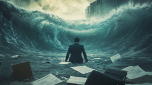 business man waist deep in water and surround by enormous waves about to crash on top of him