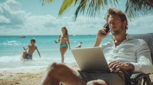 An ultra-realistic image of a business owner sitting alone on a sunny beach with a laptop and phone, looking overwhelmed, while his family enjoys the ocean in the background. A visual contrast between paradise and pressure.
