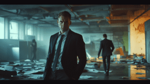 A sharply dressed businessman stands alone in a dimly lit, modern office in disarray—papers scattered, desks empty, chairs askew. In the background, a smug, confident employee walks away without looking back. The atmosphere is tense and somber, capturing the aftermath of poor delegation and misplaced trust. The departing figure represents a so-called “superstar” hire, while the broken office symbolises the damage left behind