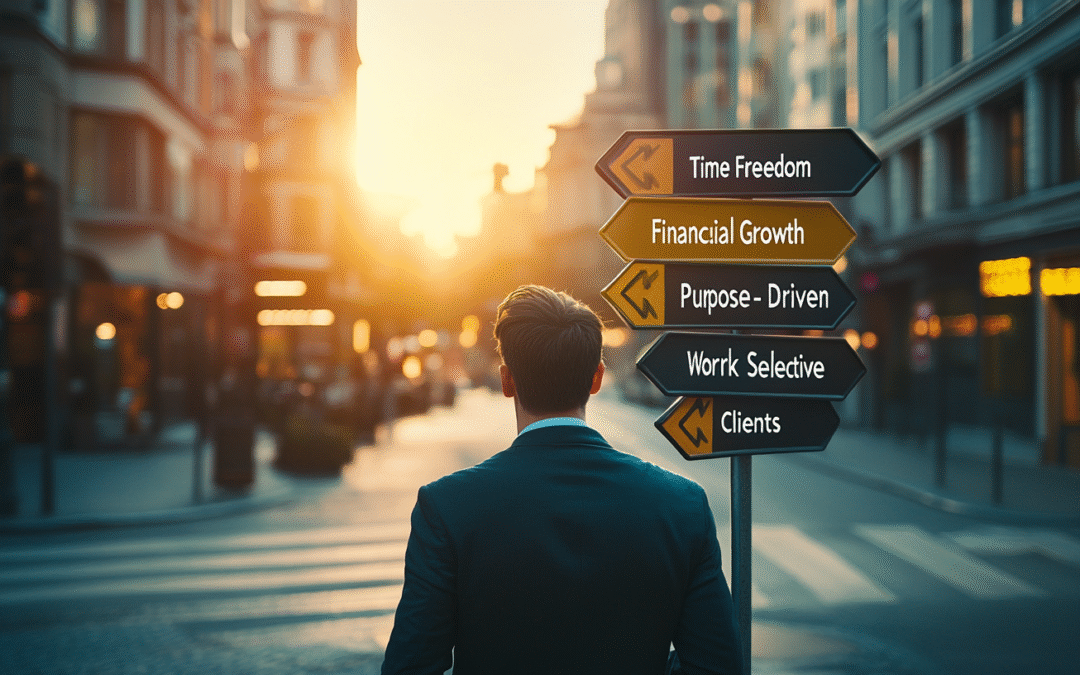 A confident business owner stands at a four-way crossroads with directional signs labeled “Time Freedom,” “Financial Growth,” “Purpose,” and “People You Choose.” The sun is breaking through, symbolizing clarity and opportunity.