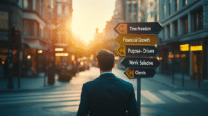 A confident business owner stands at a four-way crossroads with directional signs labeled “Time Freedom,” “Financial Growth,” “Purpose,” and “People You Choose.” The sun is breaking through, symbolizing clarity and opportunity.