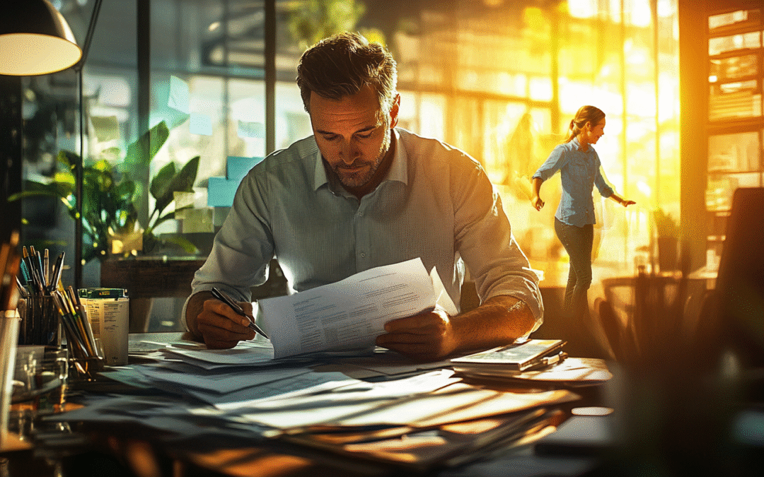 A business owner stuck at his desk while his family walks away freely outside a glass wall — symbolizing the trap of a business that can’t run without you.