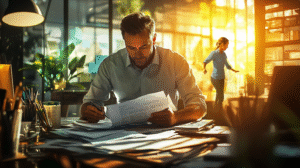 A business owner stuck at his desk while his family walks away freely outside a glass wall — symbolizing the trap of a business that can’t run without you.