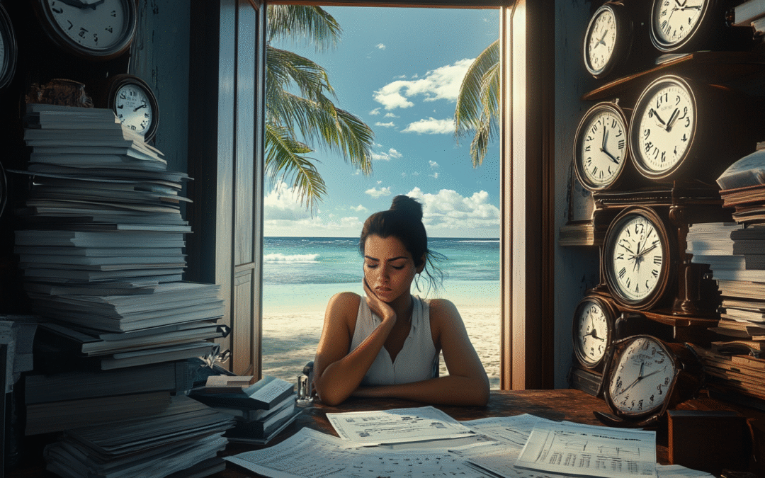 An overwhelmed business owner buried under a chaotic mountain of clocks and schedules, while an open door behind her reveals freedom and peace just out of reach.