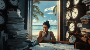An overwhelmed business owner buried under a chaotic mountain of clocks and schedules, while an open door behind her reveals freedom and peace just out of reach.