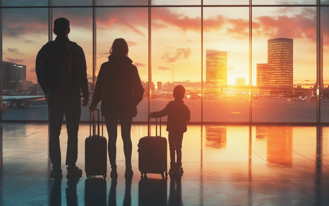 Business owner with family at an airport terminal, holding suitcase swhile glancing back at a fading office skyline — representing the ability to walk away from their business without fear.
