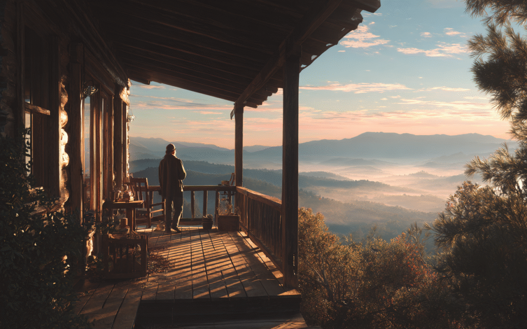 Entrepreneur on porch of a mountain home at sunrise in New Mexico, enjoying the freedom of running a location-independent business