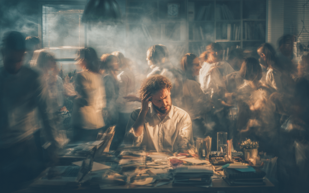 Overwhelmed founder surrounded by chaotic customers with ideal clients calmly waiting outside