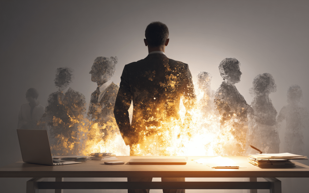 business man with shadowy men next to him on a table and fire coming out from the desk