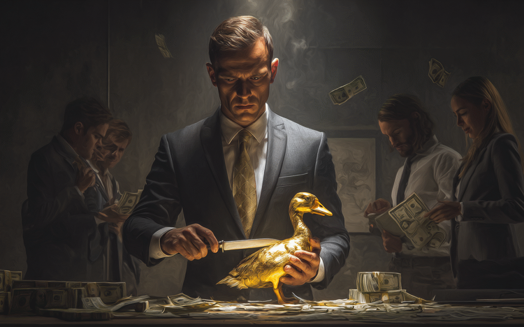 CFO cutting a golden goose with a knife labeled “Cost Savings” while dollar bills and customer reviews fly away.