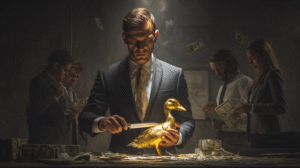 CFO cutting a golden goose with a knife labeled “Cost Savings” while dollar bills and customer reviews fly away.