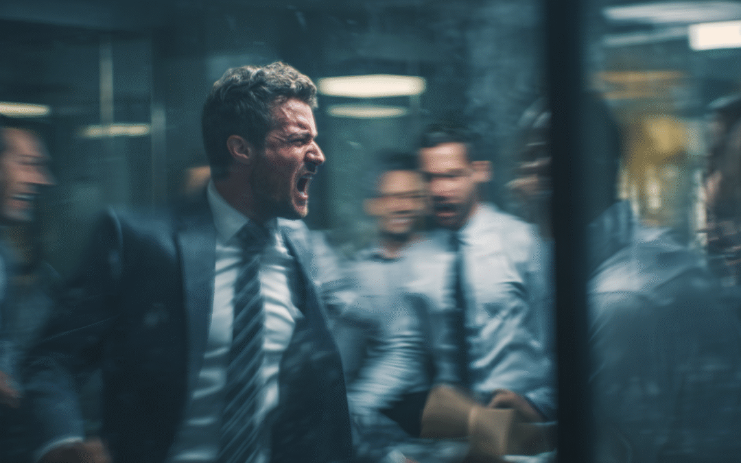 Corporate office in disarray as a disgruntled executive storms out with a box of personal belongings; stunned colleagues and tense atmosphere reflect the consequences of failed leadership decisions