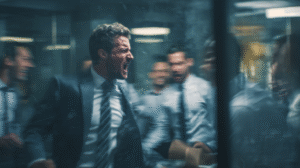 Corporate office in disarray as a disgruntled executive storms out with a box of personal belongings; stunned colleagues and tense atmosphere reflect the consequences of failed leadership decisions