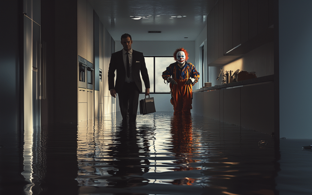 business man trying to get through flooded office with a psycho client clown trailing him.