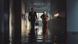 business man trying to get through flooded office with a psycho client clown trailing him.