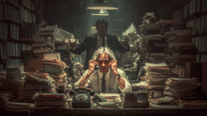 Burned-out business consultant overwhelmed at a desk, surrounded by paperwork and ringing phones, as a demanding client yells from across the table — illustrating the stress of toxic client relationships