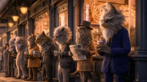 a line of werewolves standing in front of a barber shop waiting for haircut while drinking coffee and reading newspapers