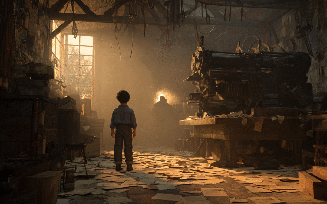 boy standing in a dark workshop watching his father as a silhouette working in the distance