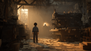 boy standing in a dark workshop watching his father as a silhouette working in the distance