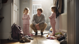 Tired father crouching in a sunlit hallway, holding socks while two young daughters stand nearby with crossed arms and stubborn expressions — a realistic moment of early morning parenting tension