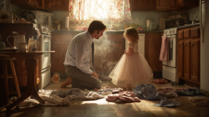 kitchen morning with dad kneeling by 4 year old daughter wearing a dress but clothes strewn all about showing how much choosing and negotiation they had to do.