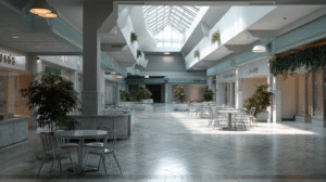 An empty mall showing cafes with empty tables and no one in sight.