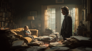 A middle-aged man standing alone in a dimly lit family living room, cluttered with paperwork and old business files, while a child sits on a couch looking away, arms crossed, disappointed