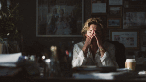 frustrated business woman sitting alone in o0ffice.. hands on face