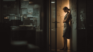 woman alone in office tired and standing against a wall with everything lying around.