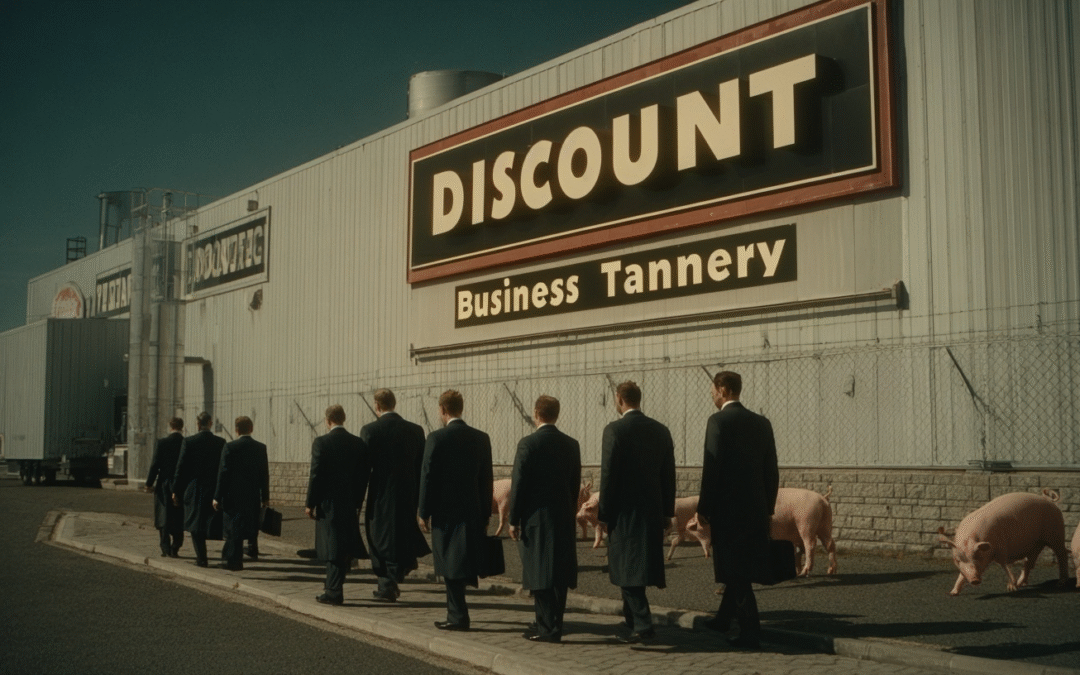 Business men and pigs walking into a tannery called Discount Business Tannery