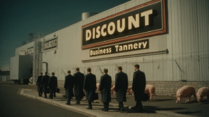 Business men and pigs walking into a tannery called Discount Business Tannery