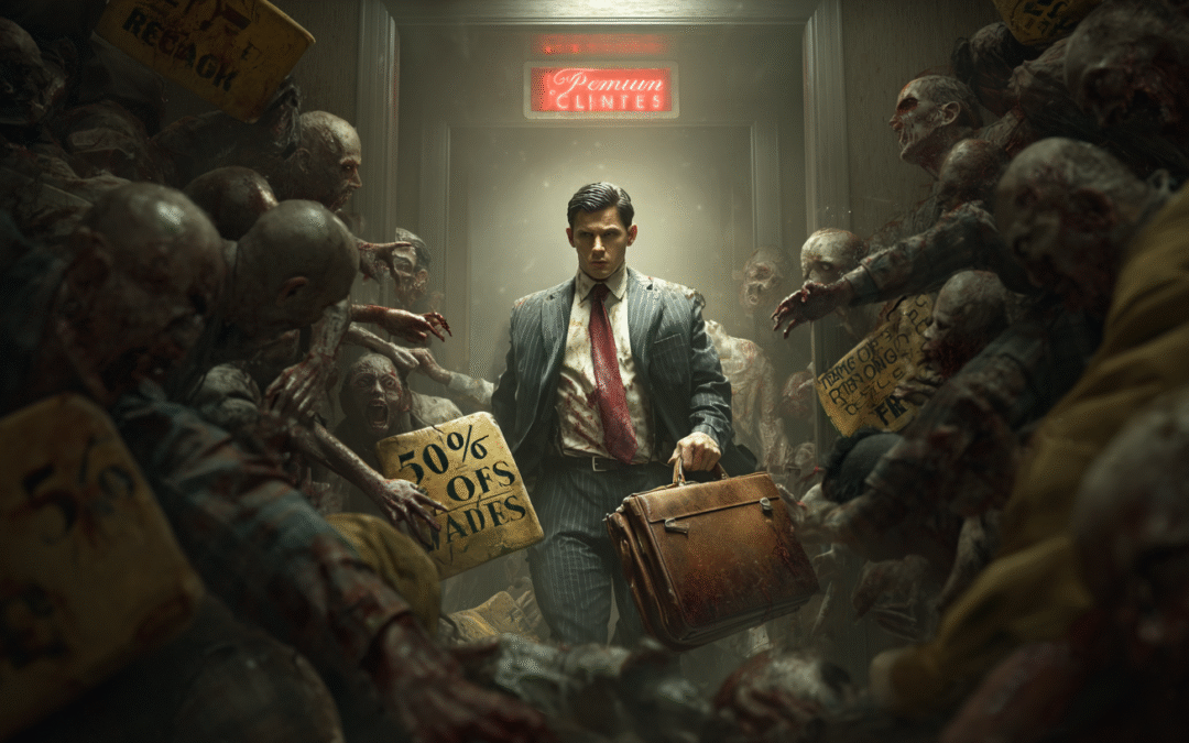 A business man walking through a mob of discount zombies but walking away from a sign for premium clients.