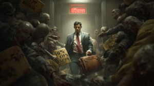 A business man walking through a mob of discount zombies but walking away from a sign for premium clients.