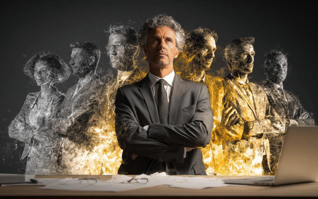 business man with shadowy men next to him on a table and fire coming out from the desk