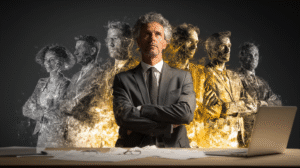 business man with shadowy men next to him on a table and fire coming out from the desk